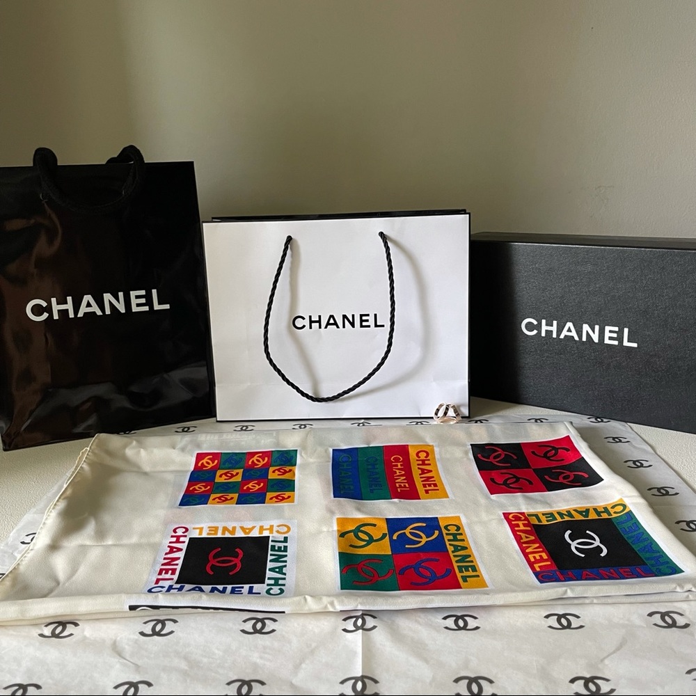 CHANEL - Multicolor Logo Squares Silk Scarf + Bag